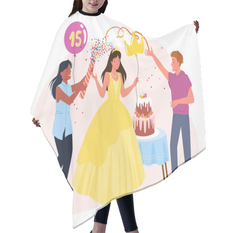 Personality  Cartoon Beautiful Girl In Pink Dress And Friends Celebrate With Cake, Boy Holding Balloons With Number 15. Quinceanera Concept. Birthday Party Celebration For Fifteen Princess. Hair Cutting Cape