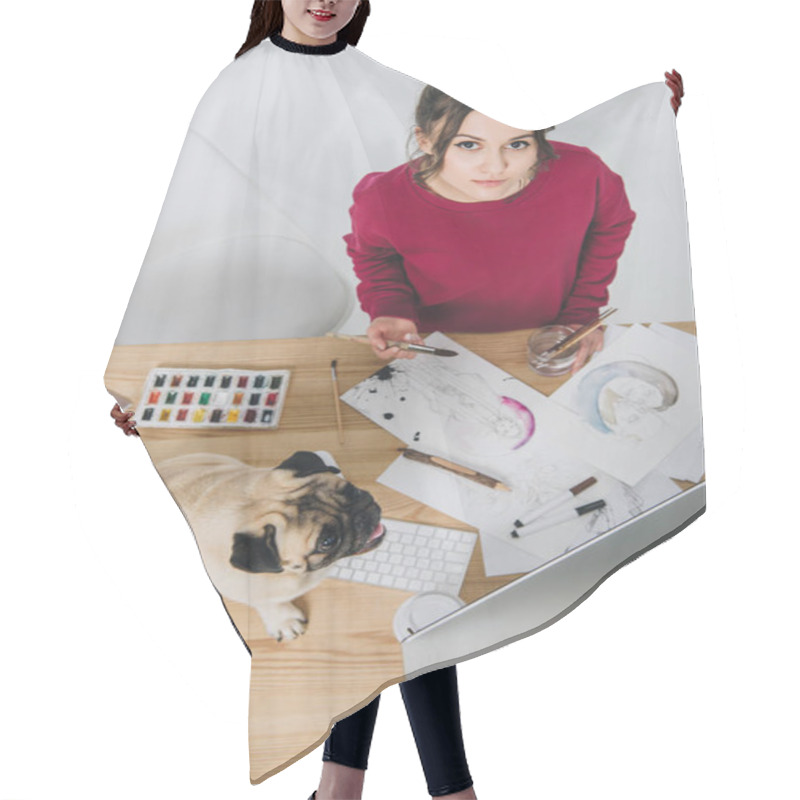 Personality  Attractive Young Girl Working On Illustrations With Cute Pug On Working Table With Computer Hair Cutting Cape