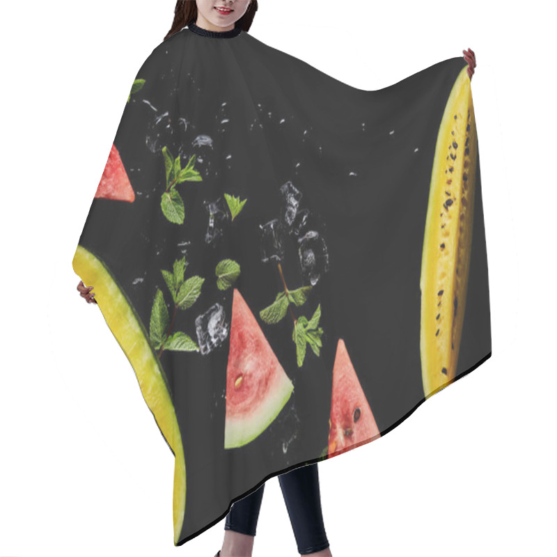 Personality  Top View Of Red And Yellow Watermelon Slices With Mint And Ice Isolated On Black Hair Cutting Cape