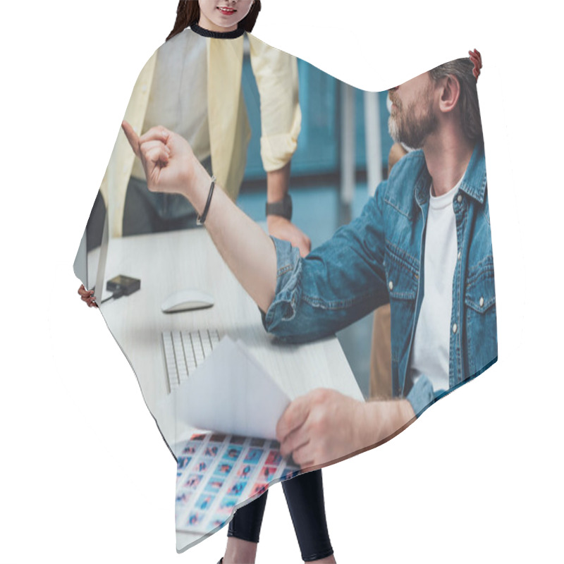 Personality  Cropped View Of Assistant Standing Near Art Director Pointing With Finger At Computer Monitor  Hair Cutting Cape