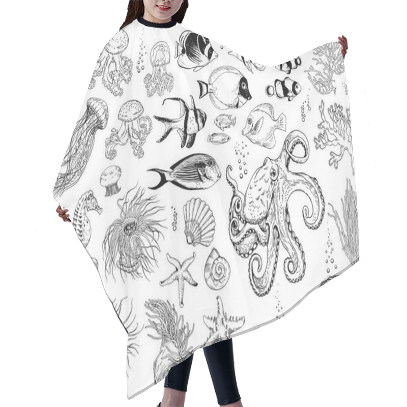 Personality  Set Of Underwater Creatures, Corals And Tropical Fishes. Hair Cutting Cape