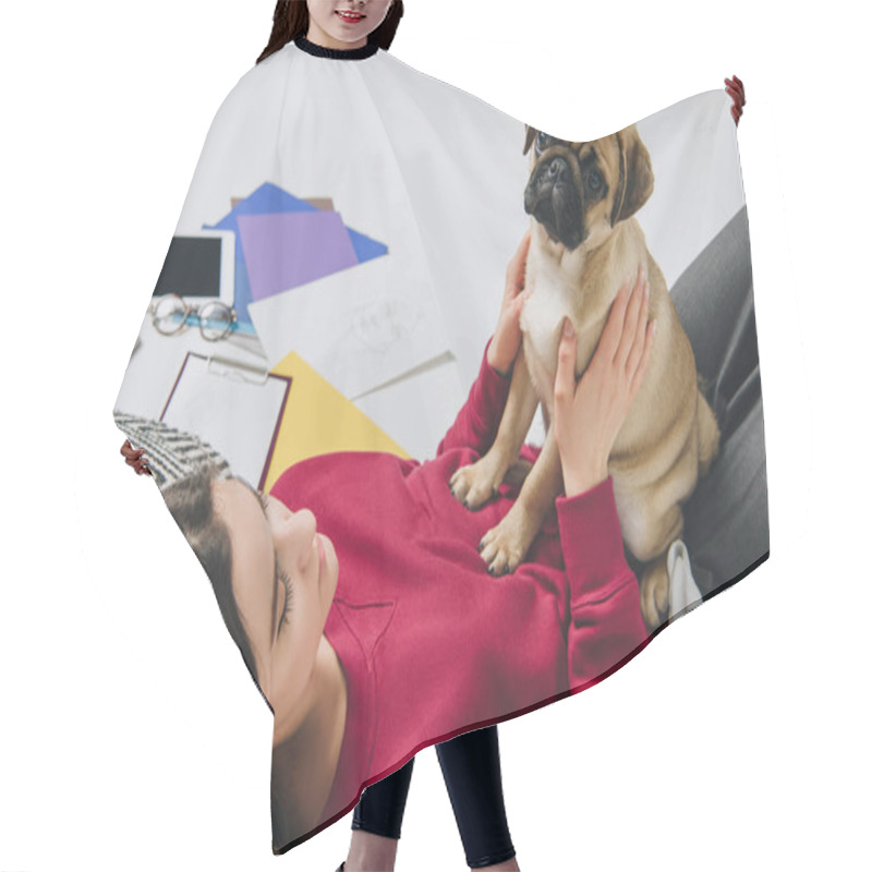 Personality  Pretty Lady Cuddling Pug On Floor Among Sketches Hair Cutting Cape