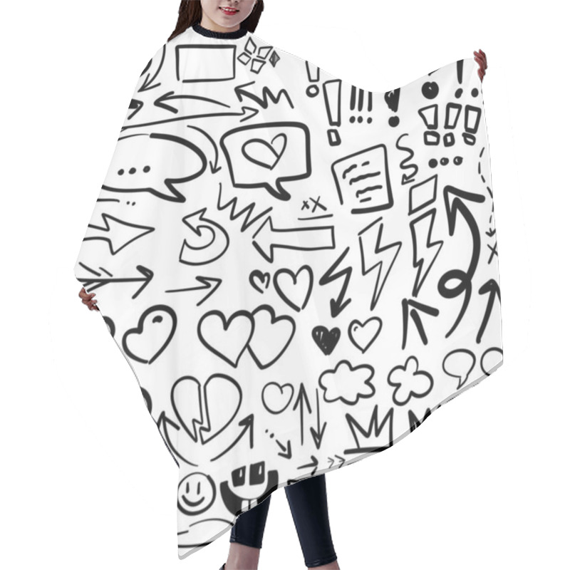 Personality  Hand-drawn Black And White Doodle Icons With Arrows, Hearts, Speech Bubbles, Question Marks Abstract Symbols For Digital Stickers, Graphic Design, Presentations, Web Icons Isolated On White Background Hair Cutting Cape