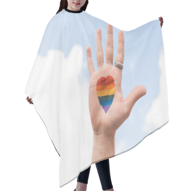 Personality  Cropped View Of Gay Man With Lgbt Flag From Heart Sign And Sky At Background, International Day Against Homophobia Hair Cutting Cape