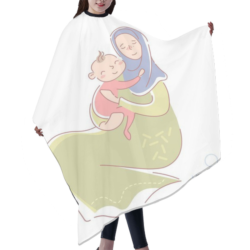 Personality  Loving Young Muslim Mother In Hijab And Traditional Dress Seated Protectively Hugging A Smiling Happy Baby Daughter In Pink On Her Lap Isolated On White. Vector Illustration Hair Cutting Cape