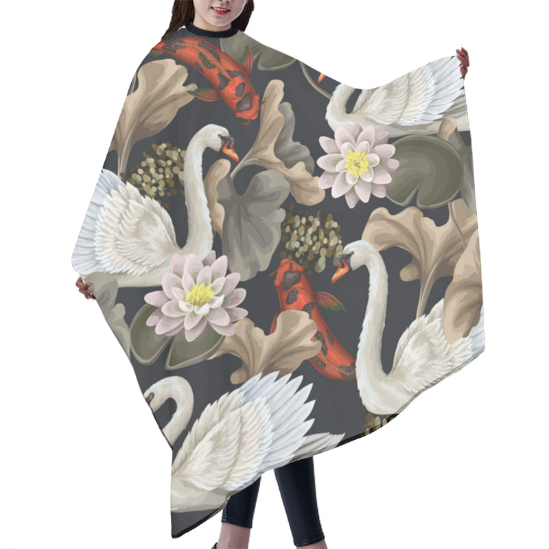 Personality  Seamless Pattern With White Swan And Koi Fishes. Vector Hair Cutting Cape