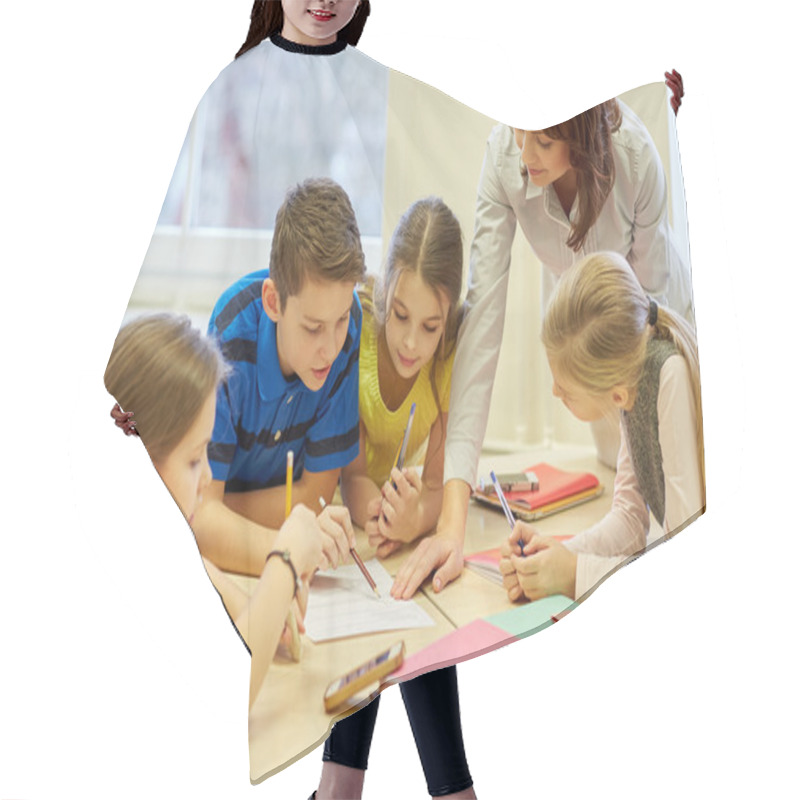 Personality  Group Of School Kids Writing Test In Classroom Hair Cutting Cape