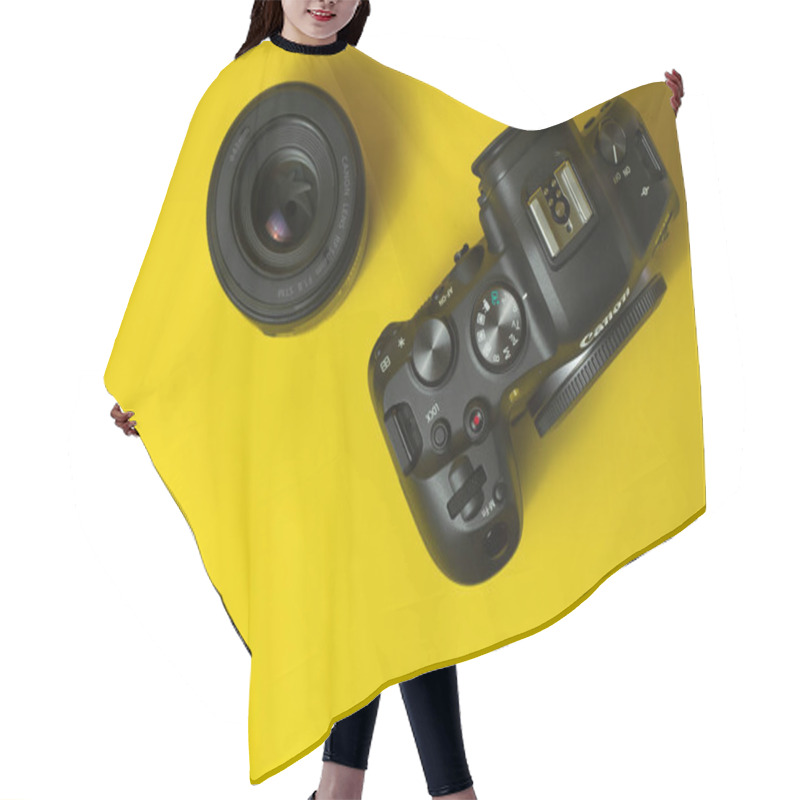 Personality  Canon R6 Digital Camera Close-up, Yellow Background, Glare Hair Cutting Cape