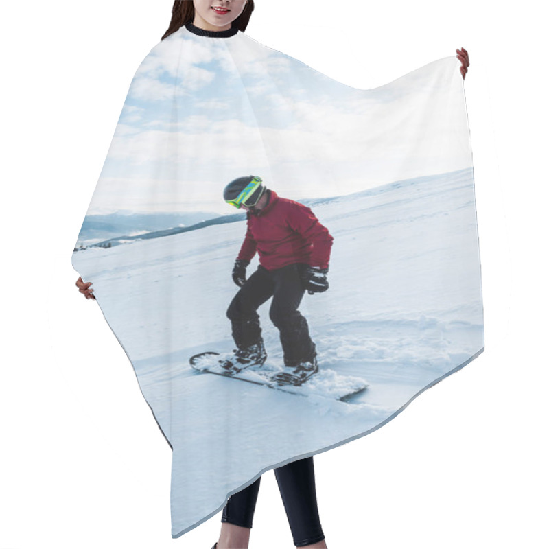 Personality  Snowboarder In Helmet Riding On Slope With White Snow In Wintertime  Hair Cutting Cape