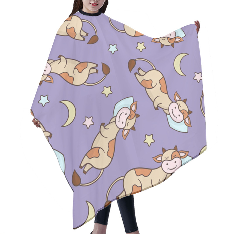 Personality  Vector Seamless Pattern With A Funny Cute Cartoon Cow Sleeping On A Pillow, On A Purple Background Hair Cutting Cape