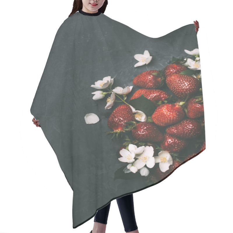 Personality  Top View Of Ripe Red Strawberries And Jasmine Flowers On Black  Hair Cutting Cape