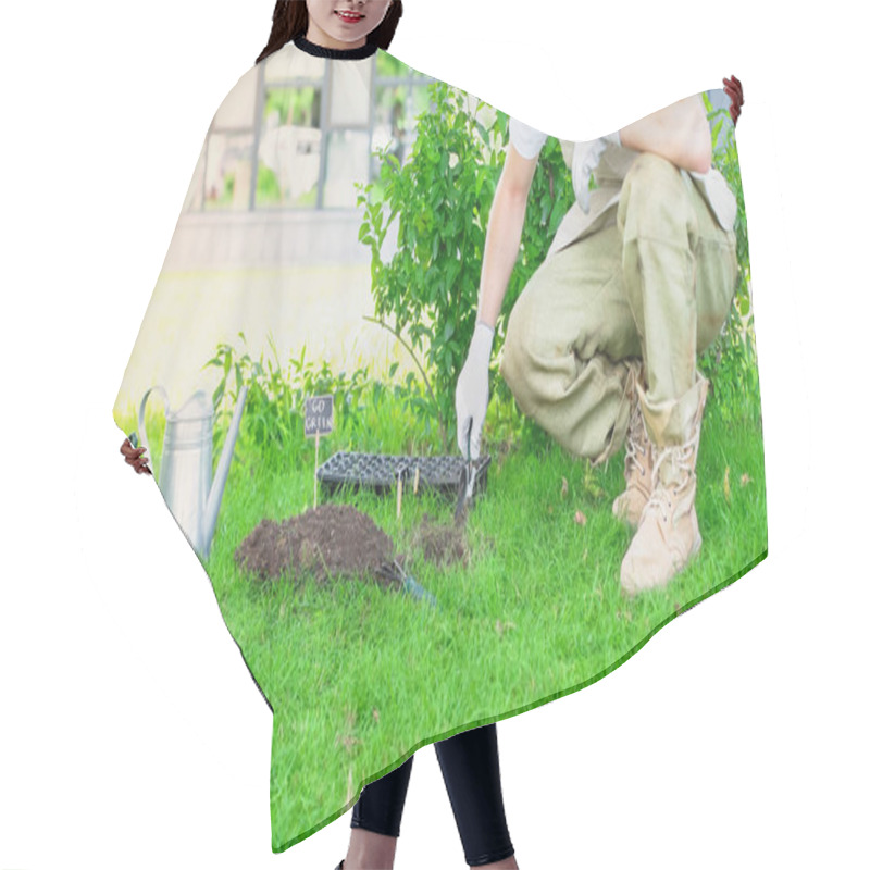 Personality  Cropped View Of Gardener In Gloves Holding Shovel Near Soil And Watering Can In Garden  Hair Cutting Cape