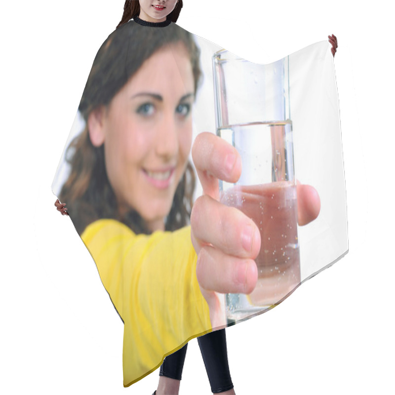 Personality  Portrait Of Attractive Caucasian Smiling Woman Isolated On White Studio Shot Drinking Water Hair Cutting Cape