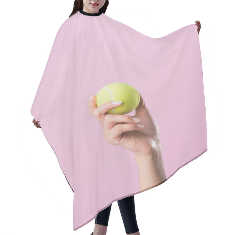 Personality  Cropped Shot Of Woman Holding Tennis Ball Isolated On Pink Hair Cutting Cape