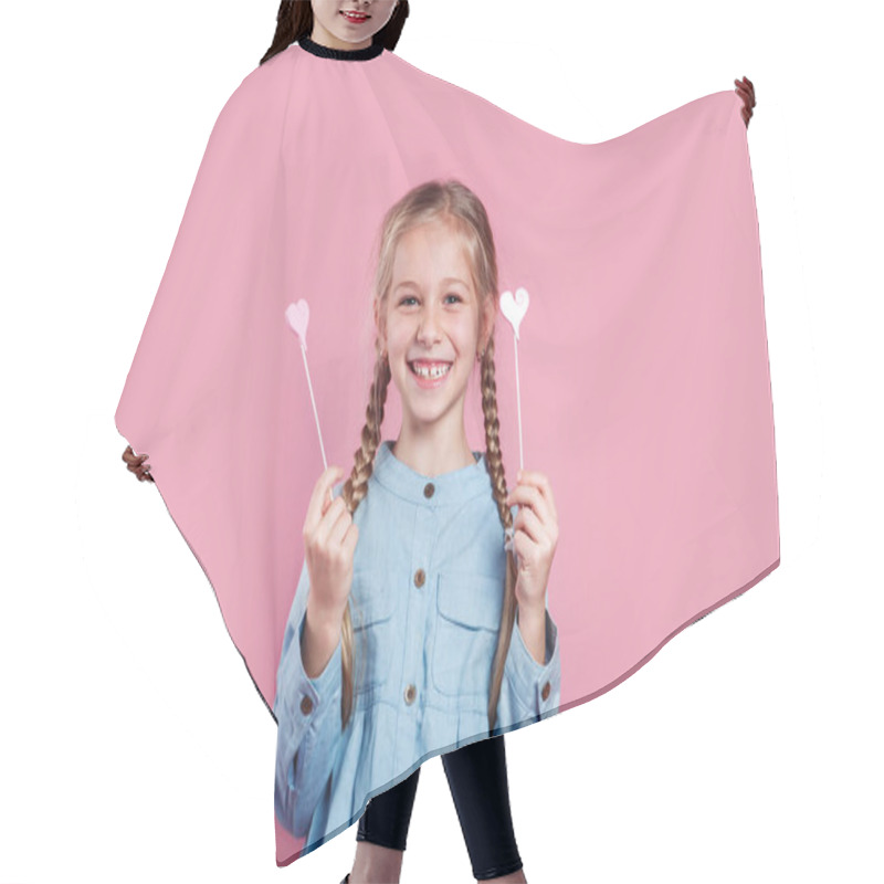 Personality  Cute Little Girl Holding Two Hear Shapes Pink With Her Hands Wearing Jeans Denim Shirt Hair Cutting Cape