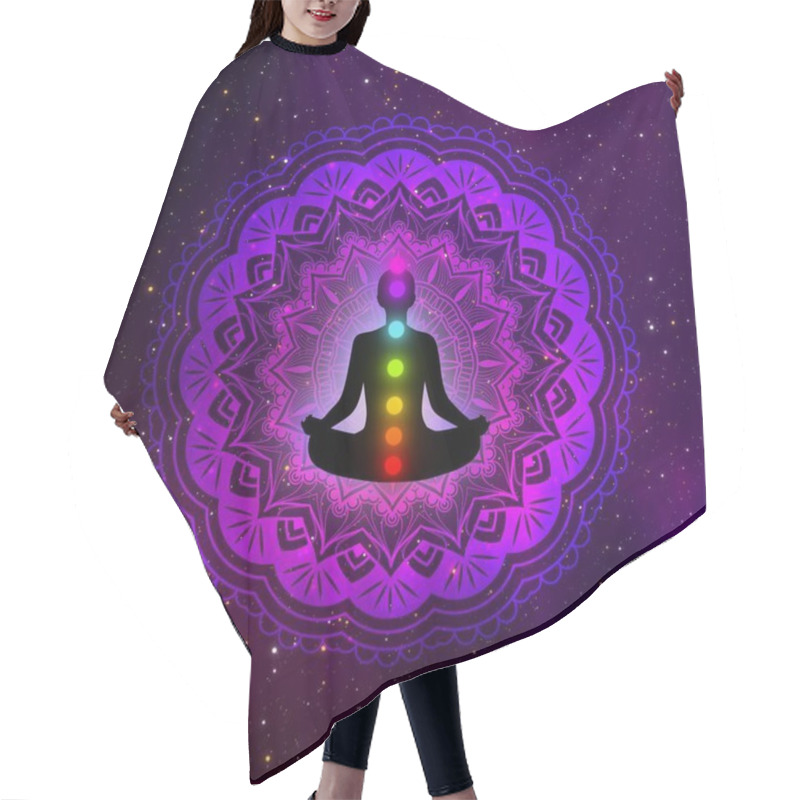 Personality  Abstract Meditation Man With Seven Chakras And Mandala In The Galaxy Illustration Design Background. Hair Cutting Cape