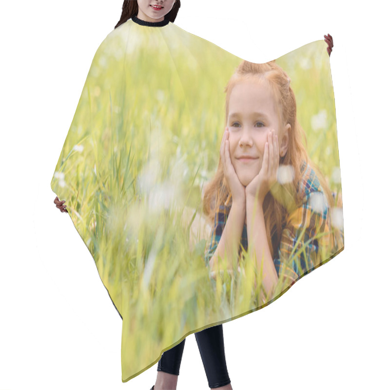 Personality  Portrait Of Little Smiling Child Resting On Green Grass In Meadow Hair Cutting Cape