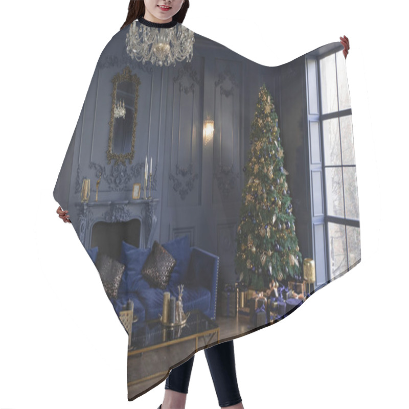 Personality  Large Living Room With Panoramic Windows And Blue Walls. Christmas Decor In The Hall. Christmas Tree Hair Cutting Cape