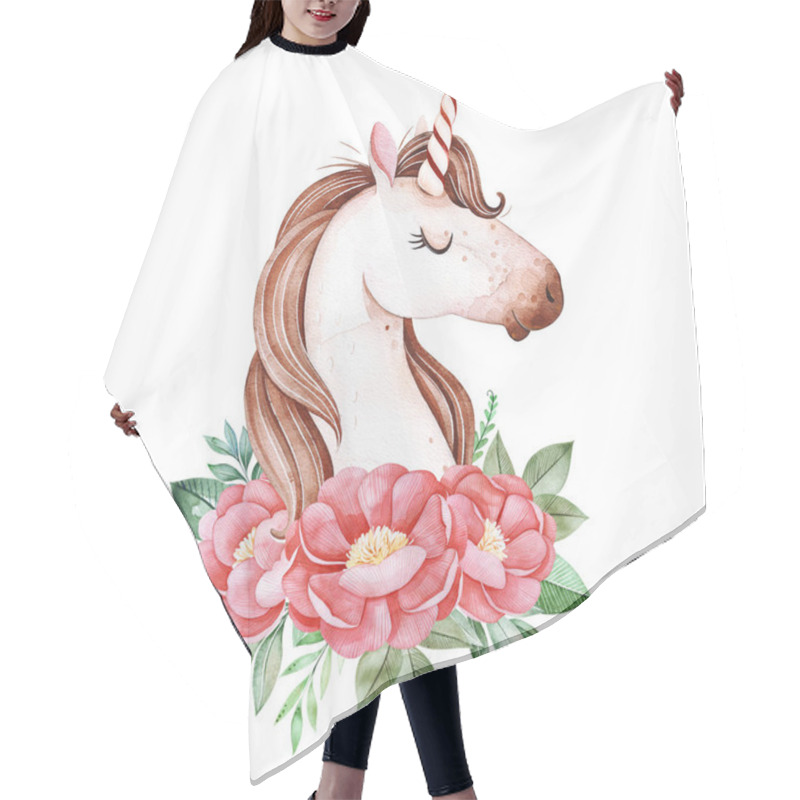 Personality  Cute Unicorn With Pink Peonies And Leaves Hair Cutting Cape