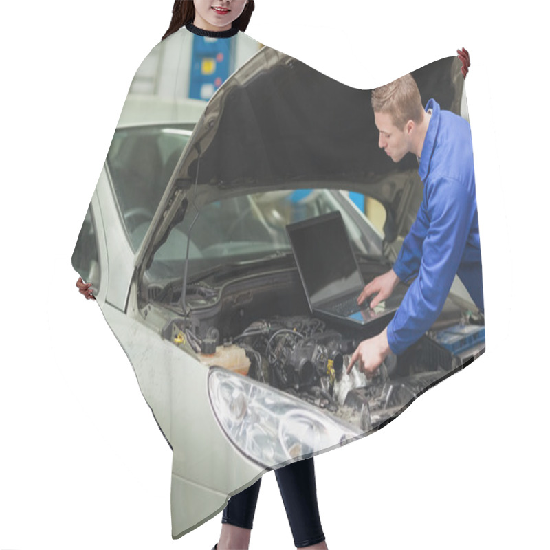 Personality  Mechanic With Laptop Checking Engine Hair Cutting Cape