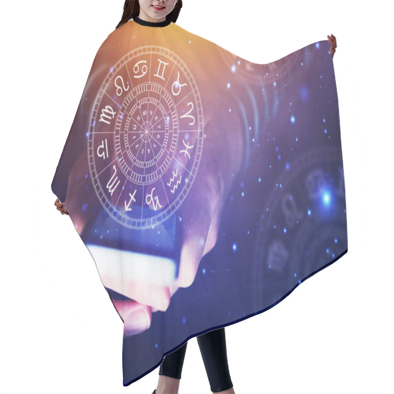 Personality  Astrology Smartphone App Concept, Woman Using Mobile Phone, Close Up Of Hands Hair Cutting Cape