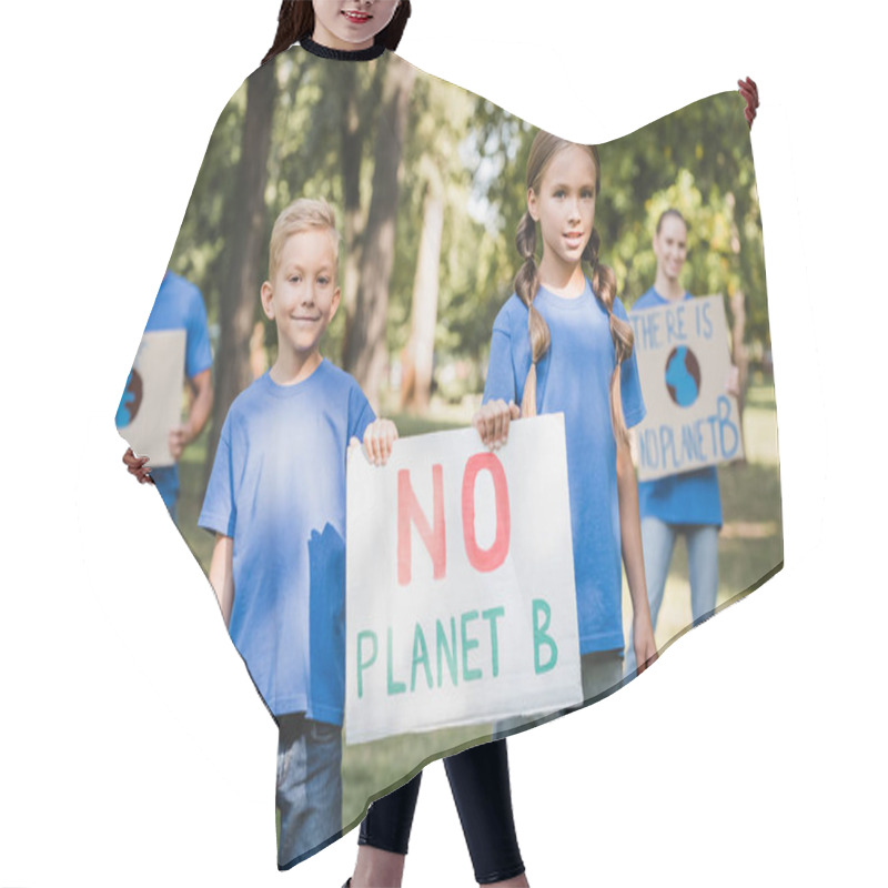 Personality  Children Holding Placard With No Planet B Inscription Near Parents With Posters On Blurred Background, Ecology Concept Hair Cutting Cape