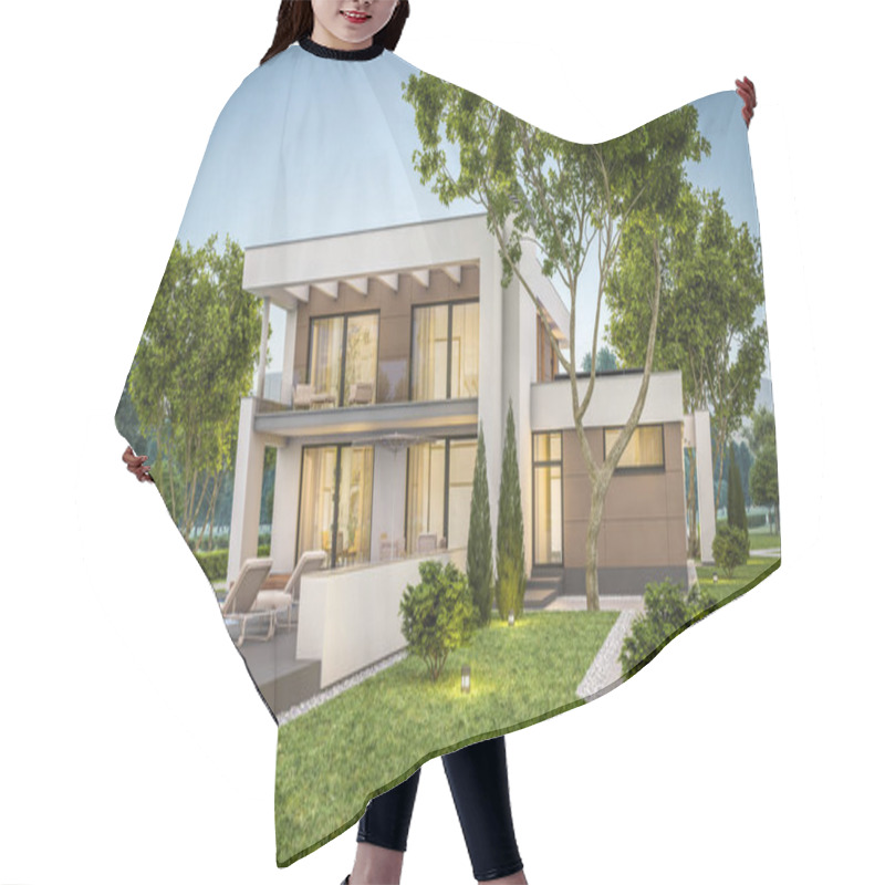 Personality  3d Rendering Of Modern House At Evening Hair Cutting Cape