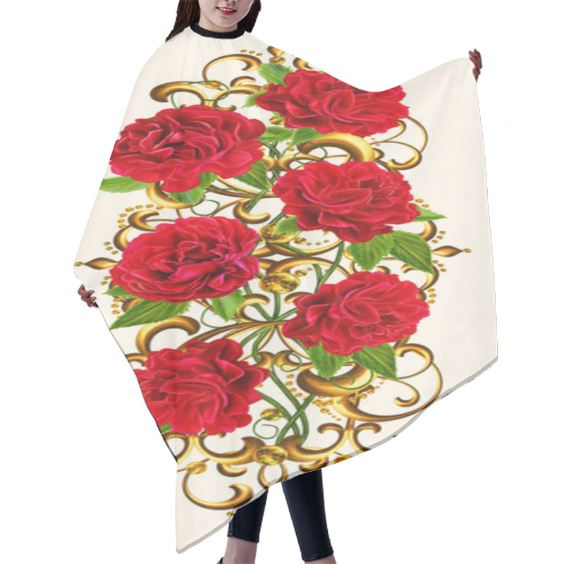 Personality  Composition Of Red Roses In A Gold Frame. Old Style. Pastel Shades. Floral Background. Hair Cutting Cape