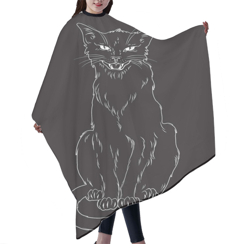 Personality  Hand Drawn Black Cat Isolated Over Black Background. Wiccan Familiar Spirit, Pagan Witchcraft Theme Design Vector Illustration. Hair Cutting Cape