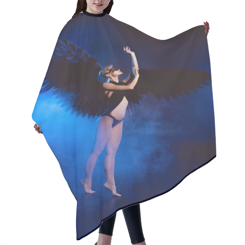 Personality  Beautiful Sexy Woman With Lace Mask And Black Angel Wings Standing On Tiptoe And Posing On Dark Blue Background Hair Cutting Cape