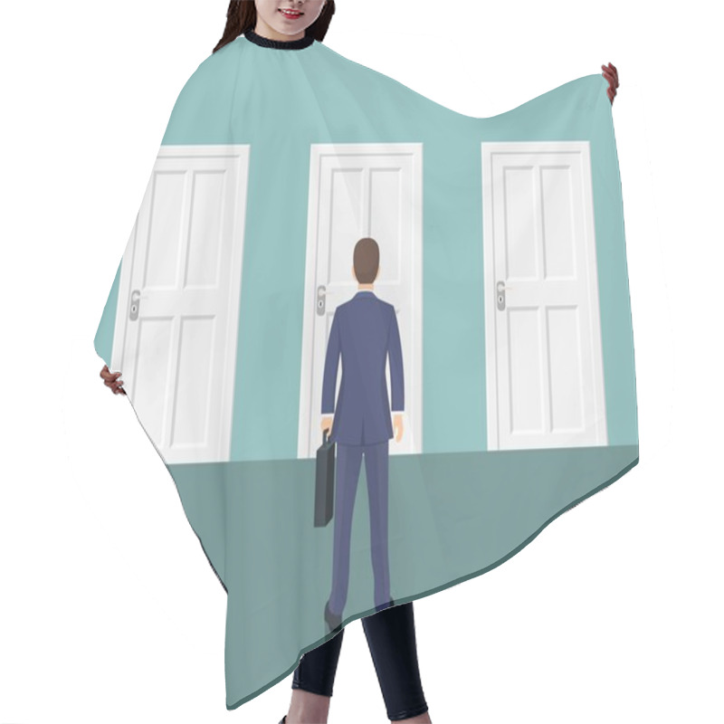 Personality  Businessman Standing In Front Closed Doors. Hair Cutting Cape