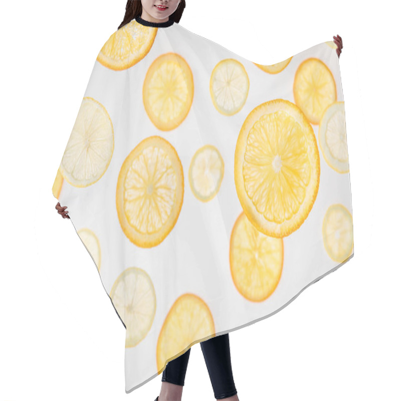 Personality  Bright Orange And Lemon Slices On Grey Background Hair Cutting Cape