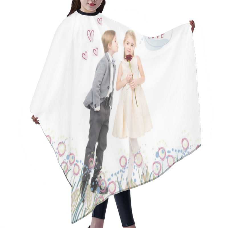 Personality  Happy Young Boy And Girl Hair Cutting Cape