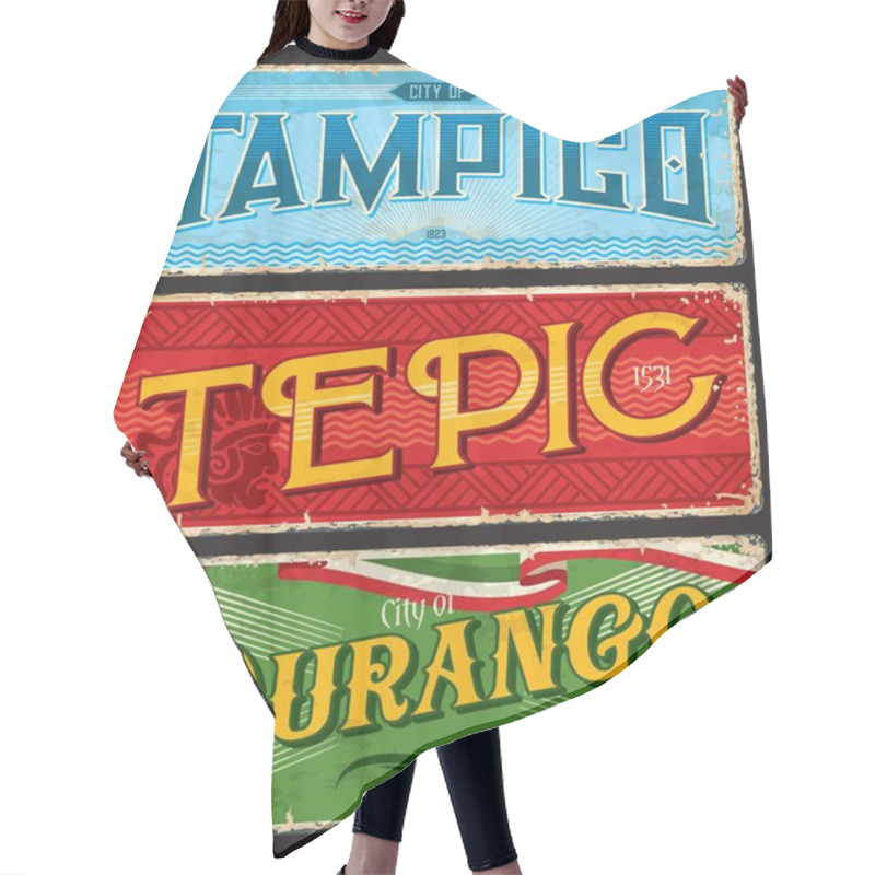 Personality  Tampico, Tepic, Durango Mexican City Travel Stickers And Plates, Vector Tin Signs. Mexico States Cities Landmarks, Flags And Emblems On Luggage Tags Of Metal Grunge Plate Signs Hair Cutting Cape