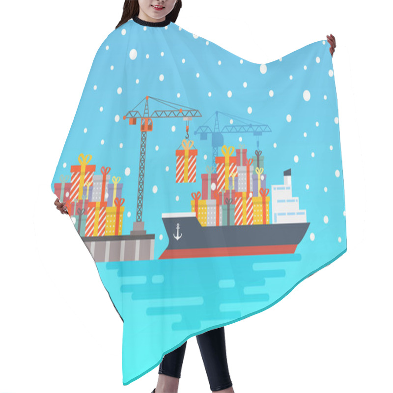 Personality  Container Cargo Ship With Gift Present Boxes At Harbour Port. Vector Illustration Hair Cutting Cape