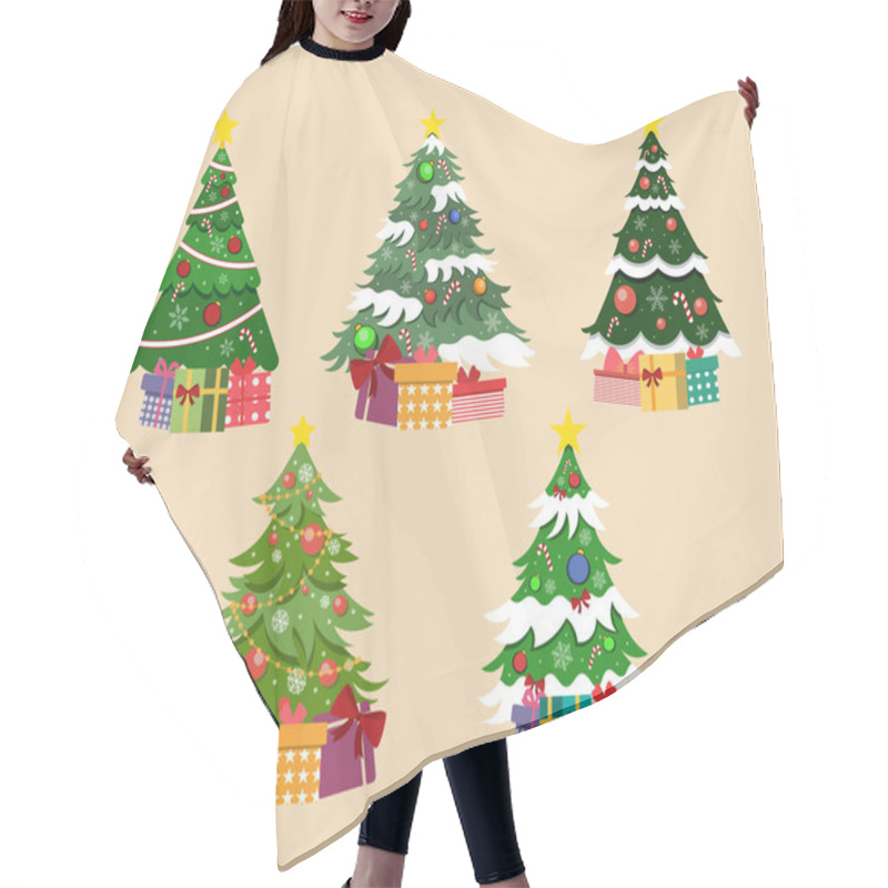 Personality  Vector Illustration Of Set Of Decoration Christmas Trees With Presents Hair Cutting Cape