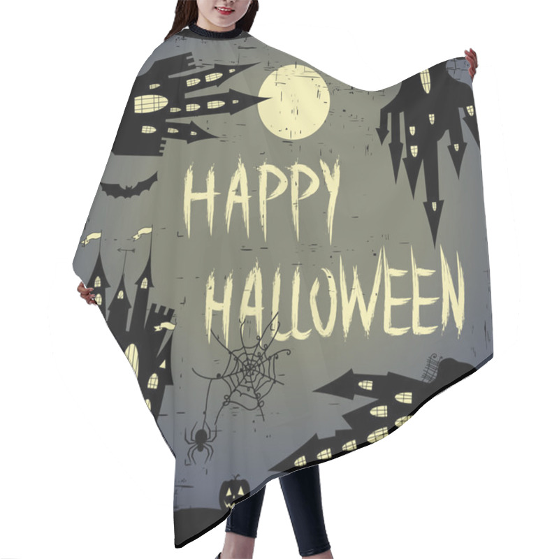 Personality  Happy Halloween Card.  Halloween Vector Template With  Four Haunted Castle, Pumpkin,  Full Moon And Bats. Hair Cutting Cape