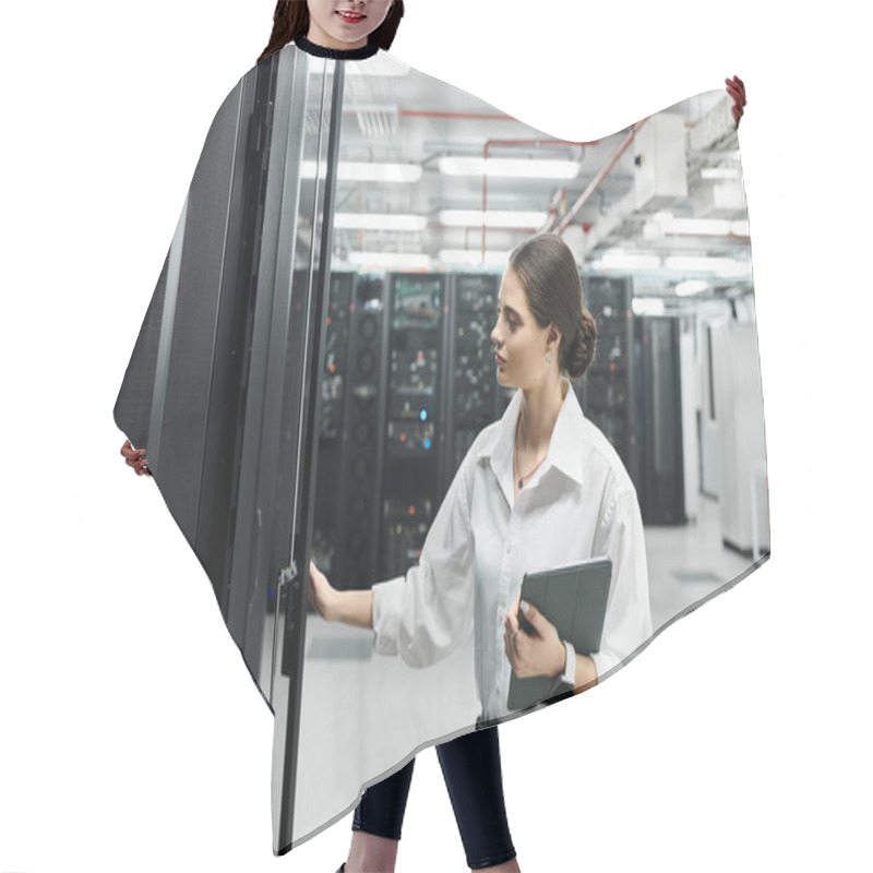 Personality  A Woman In A White Shirt Is Working Diligently In A High-tech Server Room, Focusing On Her Tasks. Hair Cutting Cape