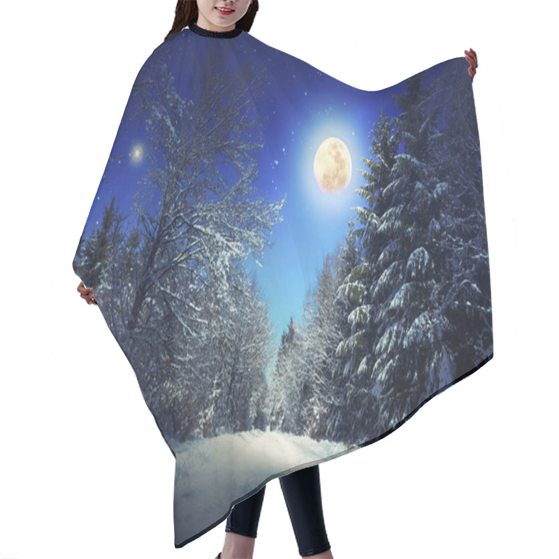 Personality  Christmas Background With Stars And Big Moon In Winter Forest. Hair Cutting Cape