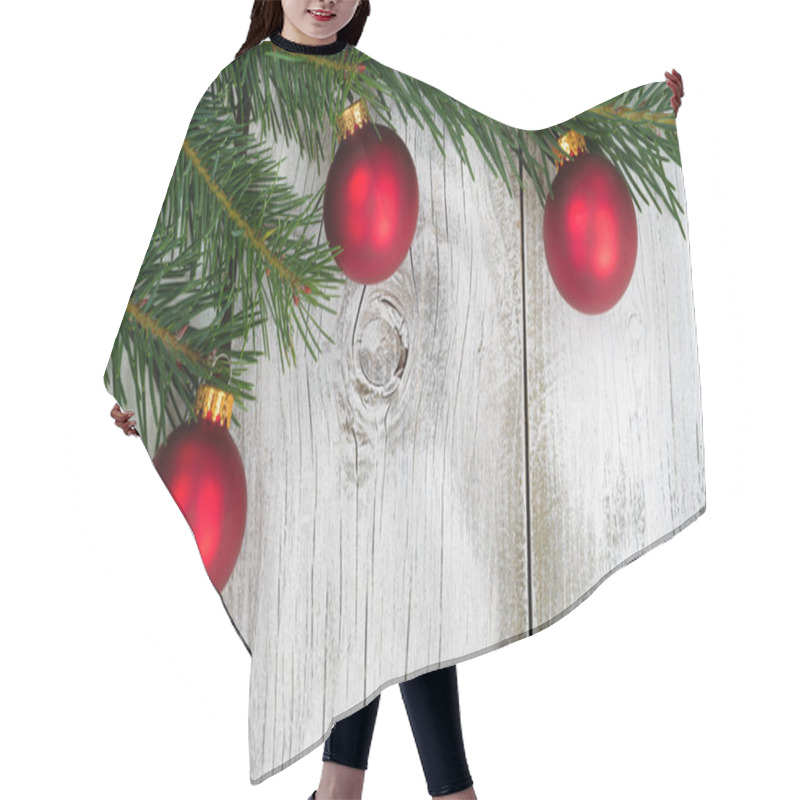 Personality  Grand Fir Branch With Three Red Ornaments On Rustic White Wooden Hair Cutting Cape