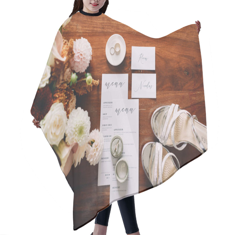 Personality  Bride Shoes Stand On A Wooden Table Next To The Invitations And A Bouquet Of Flowers. Top View. High Quality Photo Hair Cutting Cape