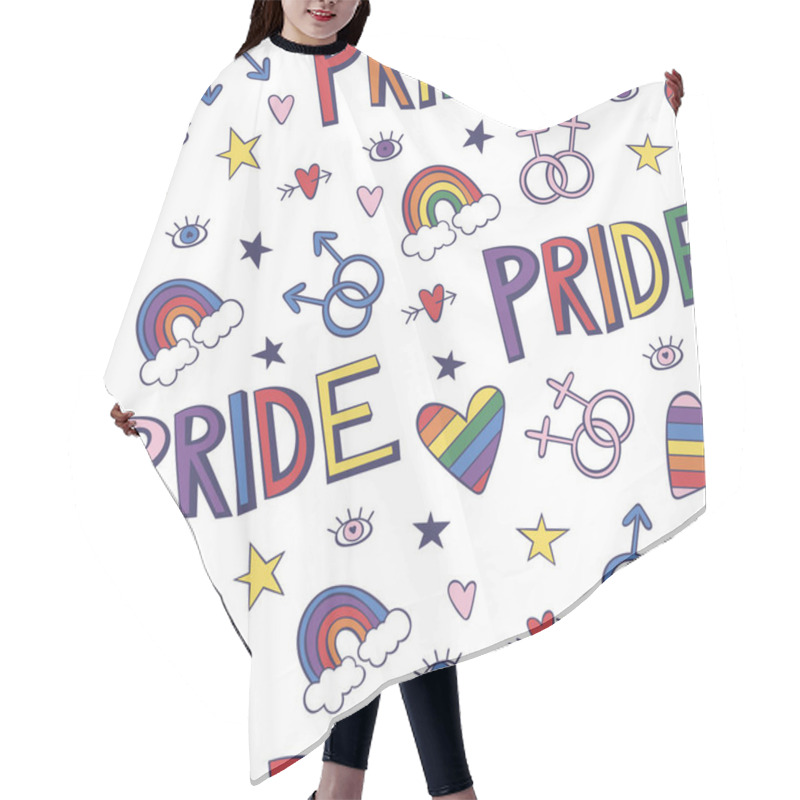 Personality  Pride Parade. LGBT. Lettering. Rainbow, Heart, Stars. Seamless Vector Pattern (background). Cartoon Print. Hair Cutting Cape