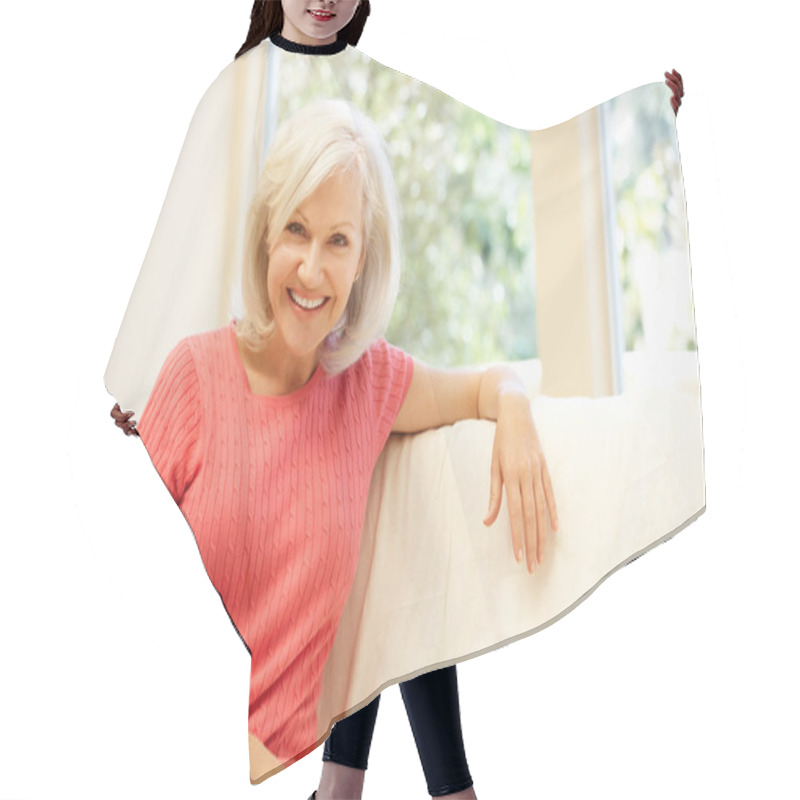 Personality  Middle Aged Woman Relaxing At Home Hair Cutting Cape