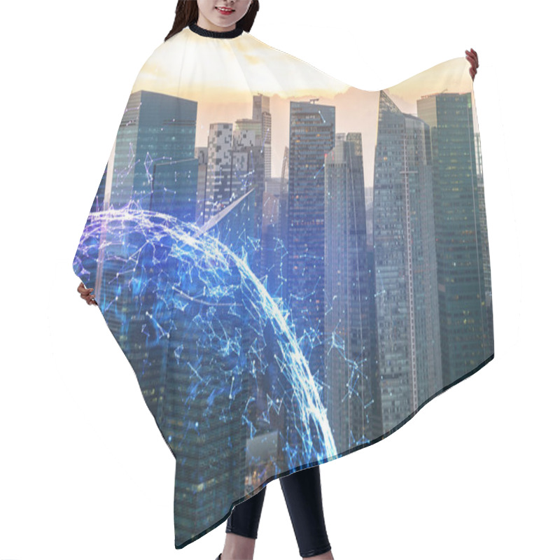 Personality  Hologram Of Abstract Technology Glowing Icons, Panoramic Cityscape Of Singapore At Sunset, Asia. The Concept Of Worlds Technological Changes. Double Exposure. Hair Cutting Cape