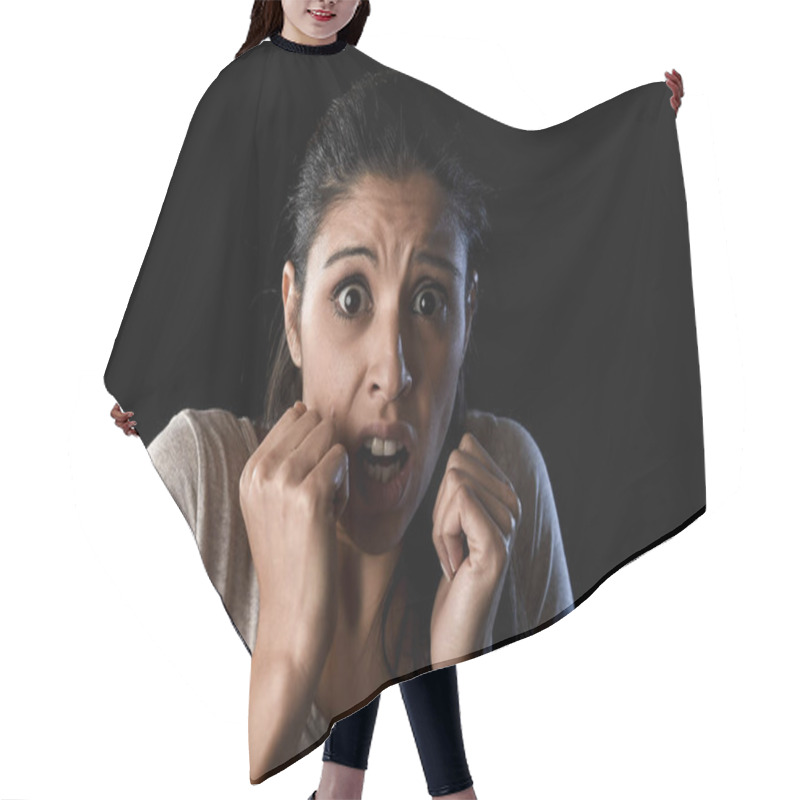 Personality  Terrorized And Horrified  Woman Desperate And Scared Isolated On Black Hair Cutting Cape