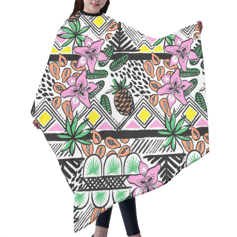 Personality  Vector Seamless Tropical Pattern With Flowers, Fruits And Palm Leaves. Ethnic Abstract Design With Tribal Elements, Geometric Shapes, And Hand Drawn Stripes. Bright Bold Print For Summer Fashion Hair Cutting Cape