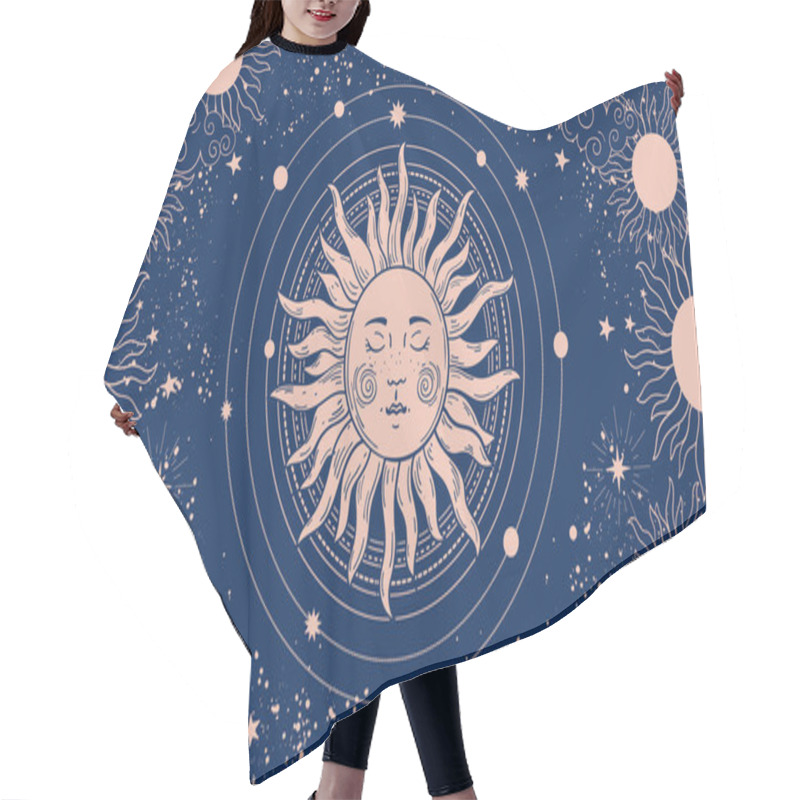 Personality  Mystical Drawing For Astrology Or Boho Design, Sun With A Face On A Blue Background. Sacred Geometry. Vector Illustration For Banner, Poster, Cover. Hair Cutting Cape