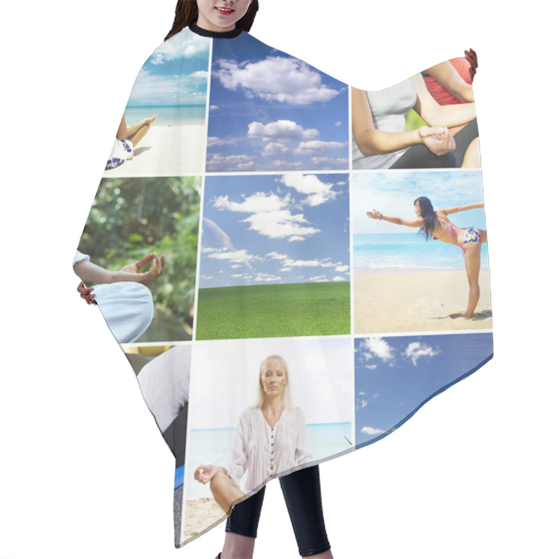 Personality  Yoga Theme Collage Composed Of Different Images Hair Cutting Cape