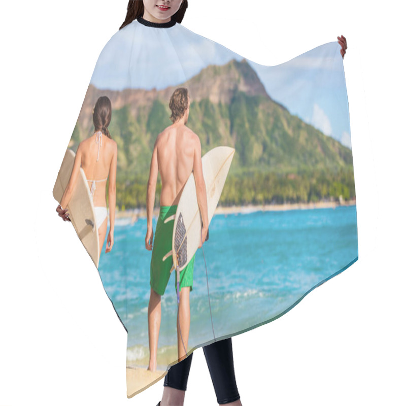 Personality  Hawaii Surfers People Relaxing On Waikiki Beach With Surfboards Looking At Waves In Honolulu, Hawaii. Healthy Active Lifestyle Fitness Couple At Sunset With Diamond Head Mountain In The Background Hair Cutting Cape