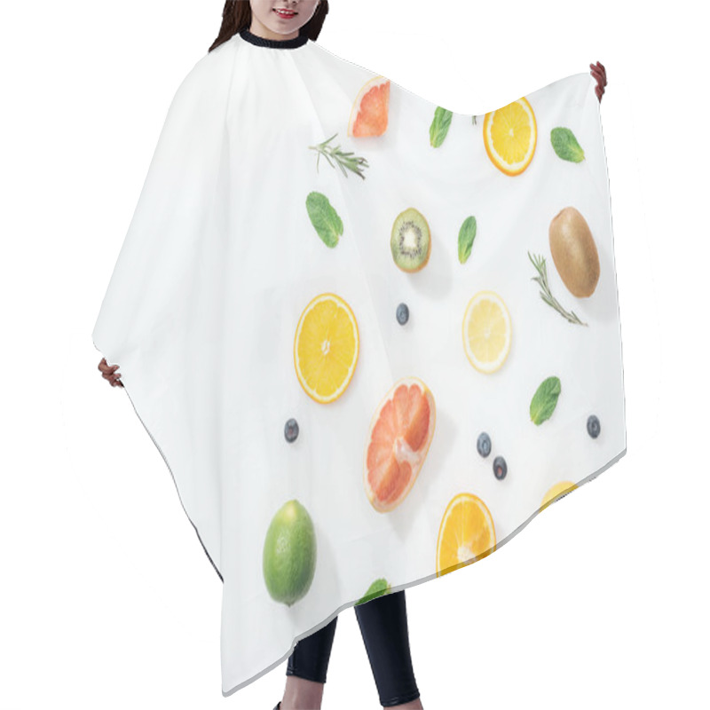 Personality  Top View Of Fresh Fruits, Rosemary And Blueberries On White Surface Hair Cutting Cape